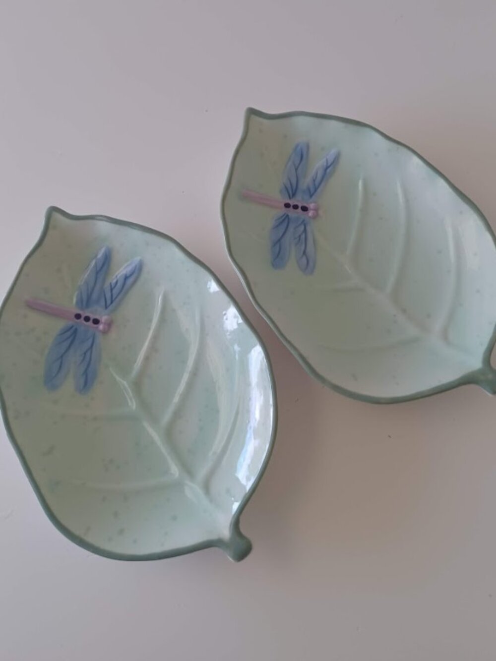 Dragonfly Leaf Trinket 2Tray Dish Catch All Soap Dish Ceramic 7" Favorite Things